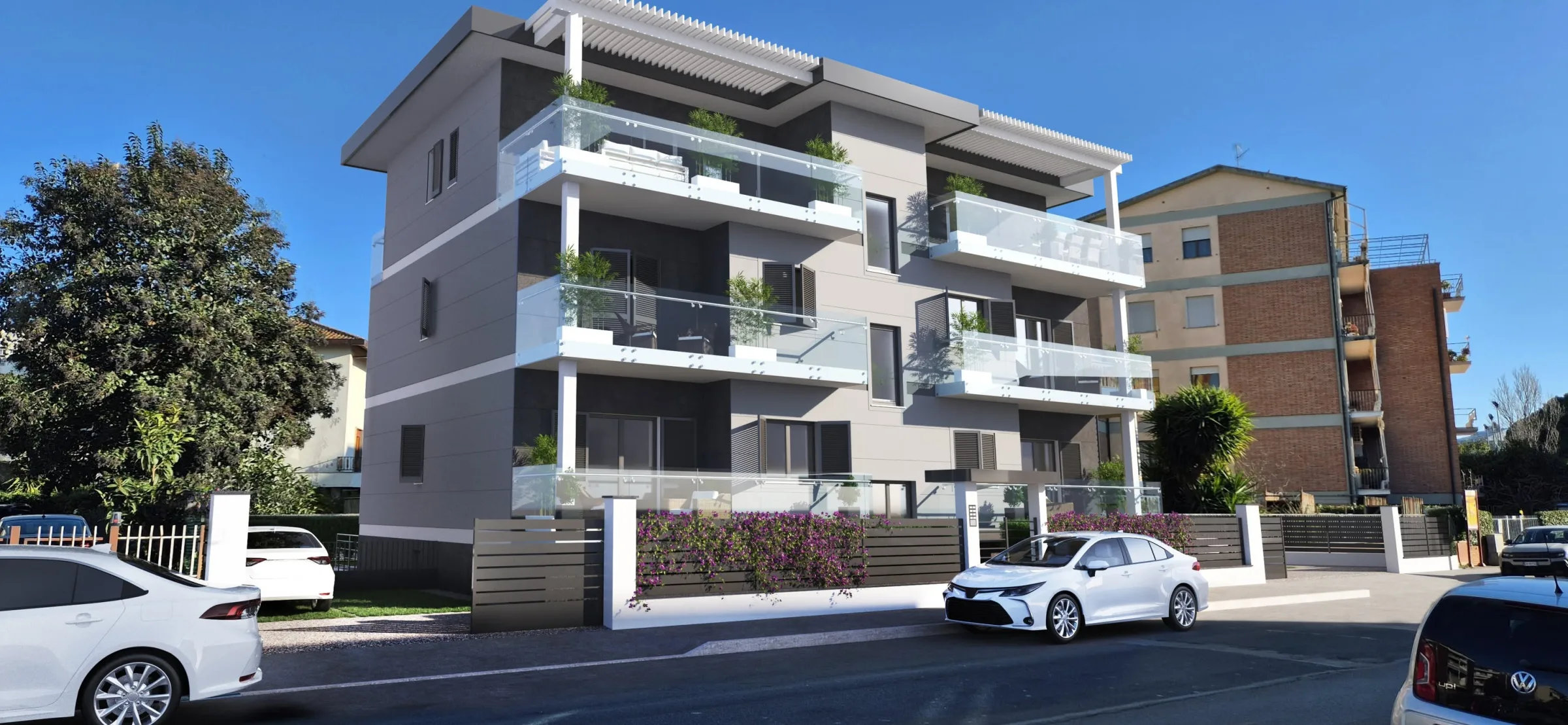 Rendering dell'esterno della residenza visto dalla strada, con balconi in vetro e recinzione scura